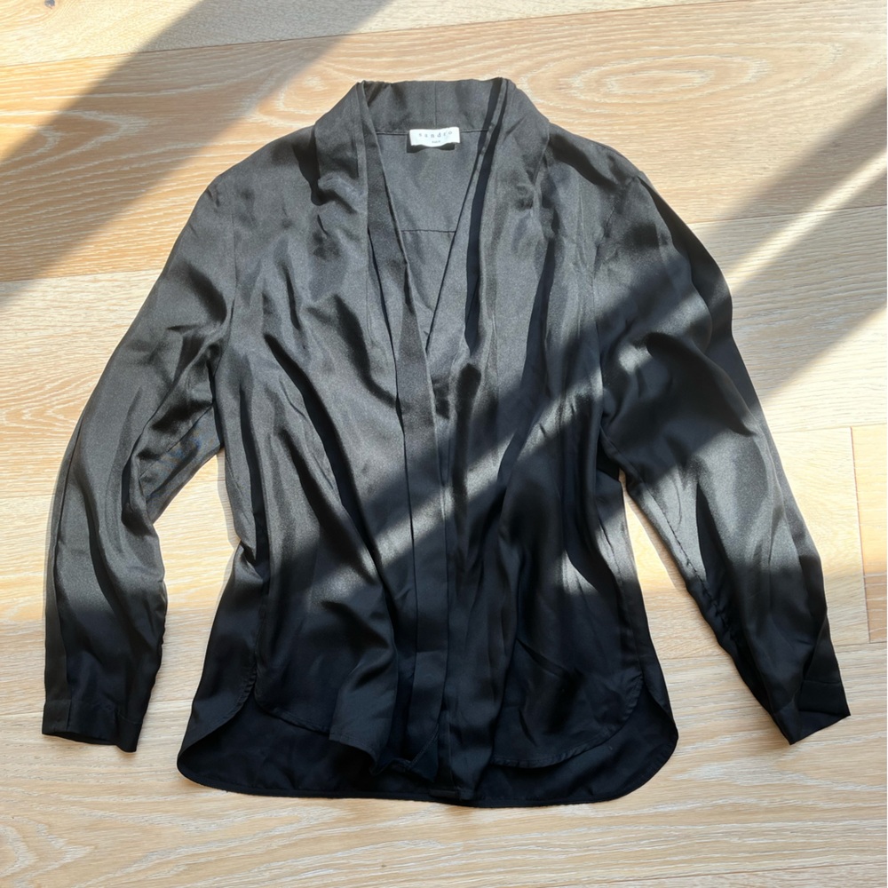Sandro Lana V-Neck Crepe Silk Blouse Black Size S